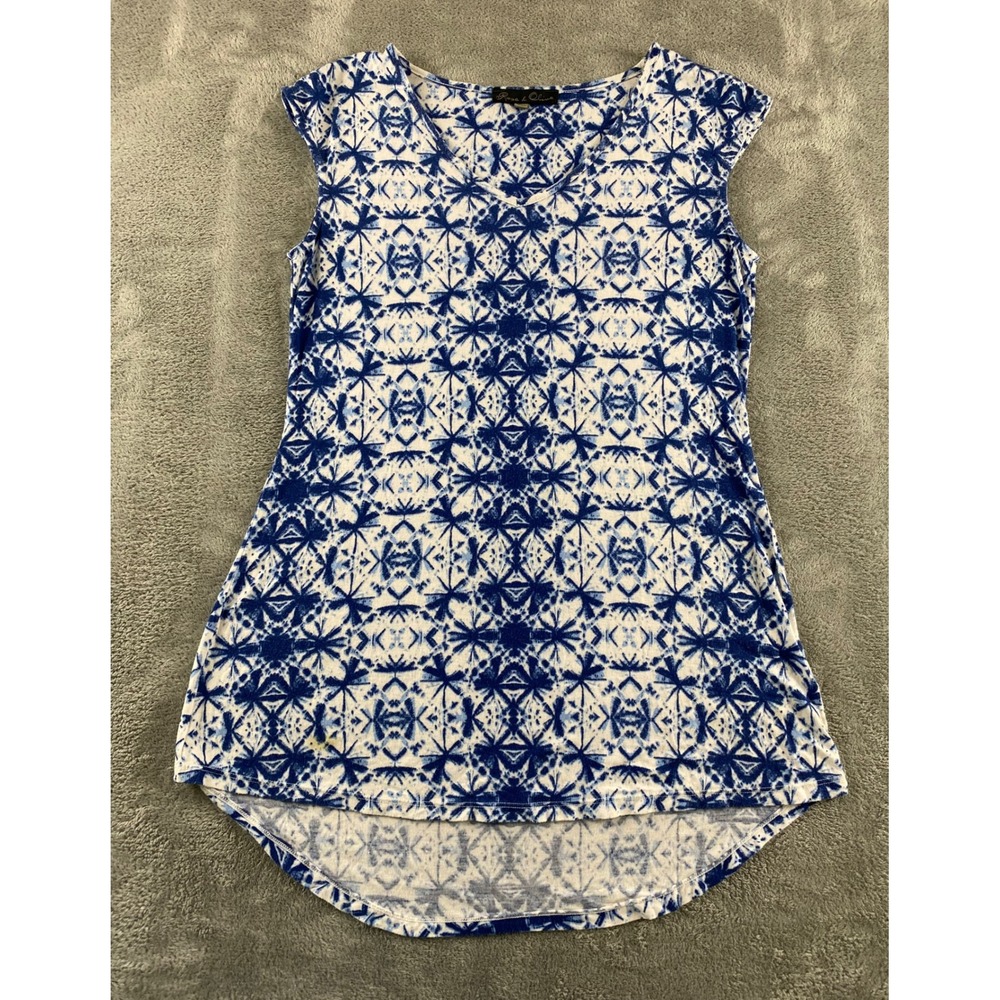 Rose & Olive Womens Blue White Geometric Kaleidoscope Cap Slv High Low Tunic S